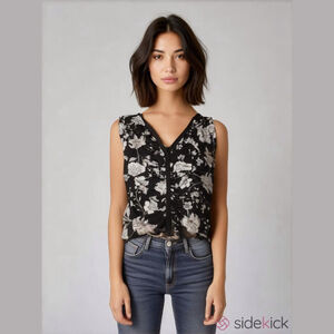 Warehouse One Floral Stretchy V-Neck Top Sleeveless xl